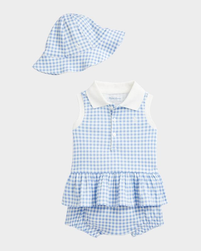 Girl's 3-Piece Gingham Polo Shirt and Shorts Set, Size 3M-24
